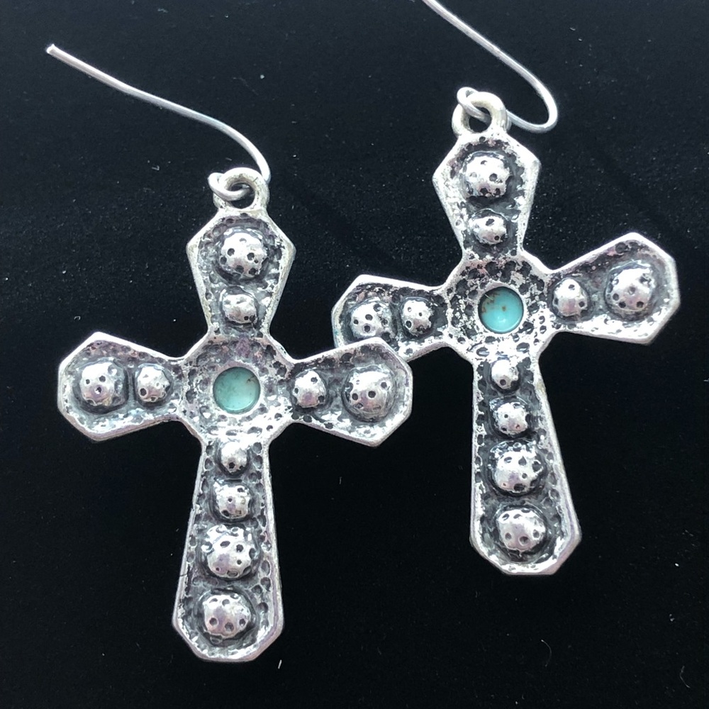 🆕 Turquoise & Rhinestone Cross Earrings - Picture 5 of 6